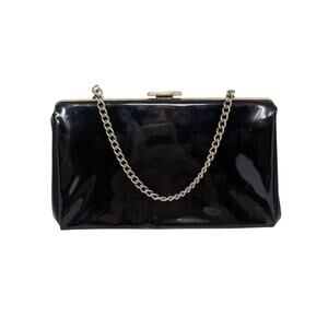Vintage 60s Black Patent Clutch Gold Frame Chain Strap Evening Bag Mod